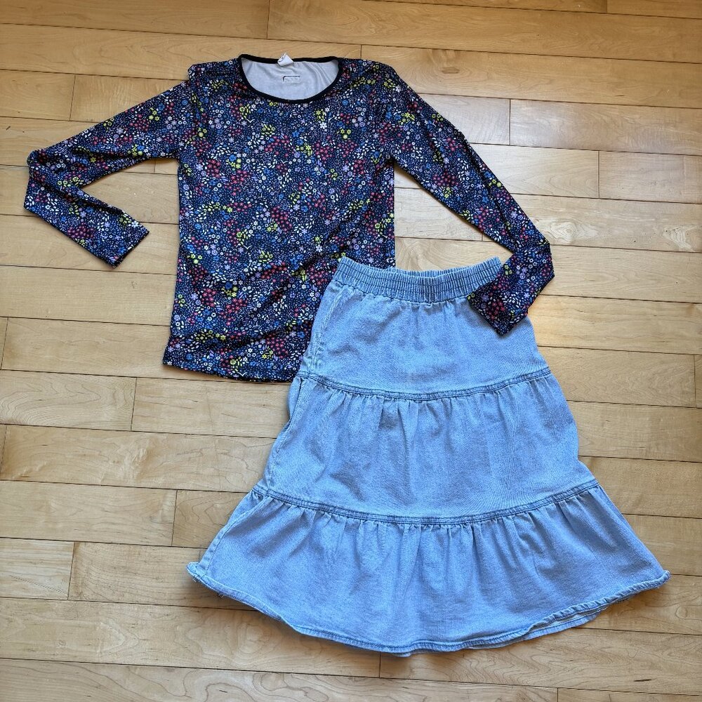 B.Nosy - Floral Top and Tiered Maxi Denim Skirt Set